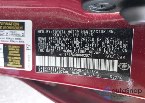 2017 Toyota Camry Se from USA, damaged, VIN 4T1BF1FK6HU683974
